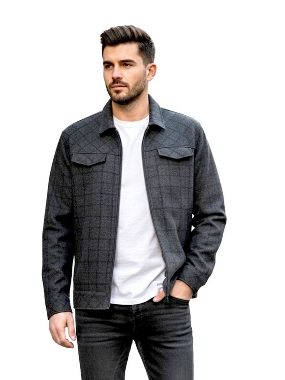 Tunellus Wool-Blend Windowpane Plaid Zip Jacket, Charcoal, Mens Size XL